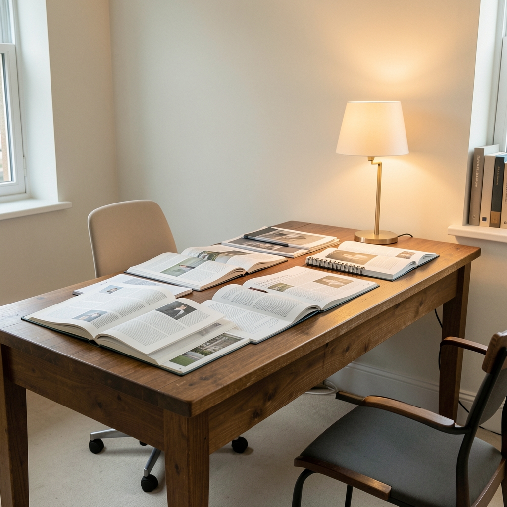 Quiet editorial office interior with pale walls, a long wooden desk covered in open notebooks and printed articles, warm desk lamp light