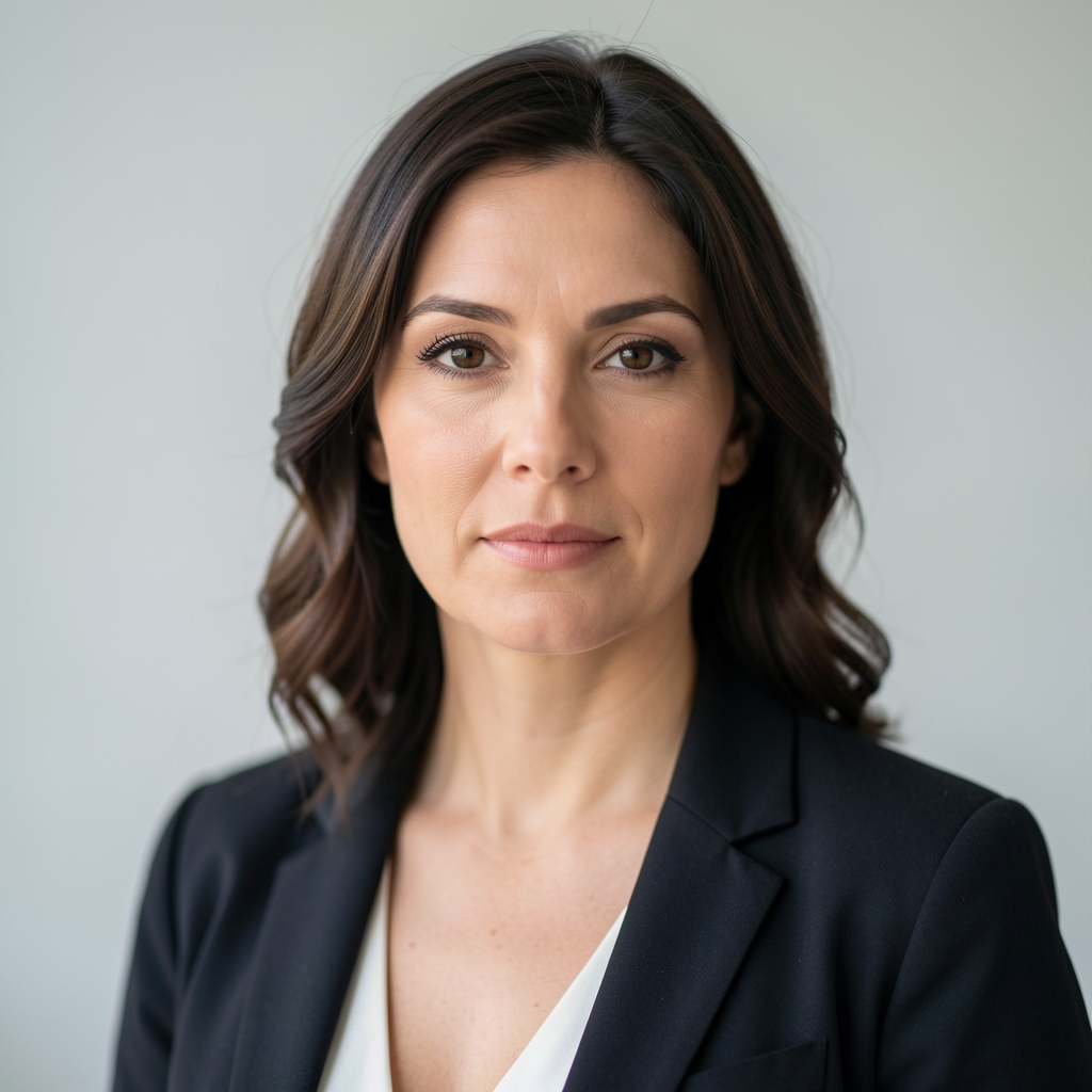 Editorial portrait of a woman in her mid-thirties, photographed against a pale grey studio background in natural diffused light, neutral expression