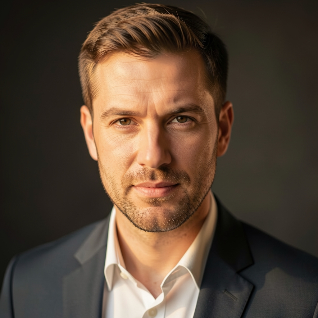 Editorial portrait of a man in his early forties, photographed in warm window light with a plain dark background, looking directly at the camera