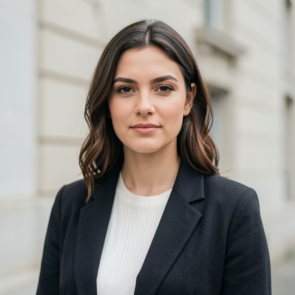Editorial portrait of a woman in her late twenties, photographed outdoors in flat overcast daylight against a pale building facade, calm posture