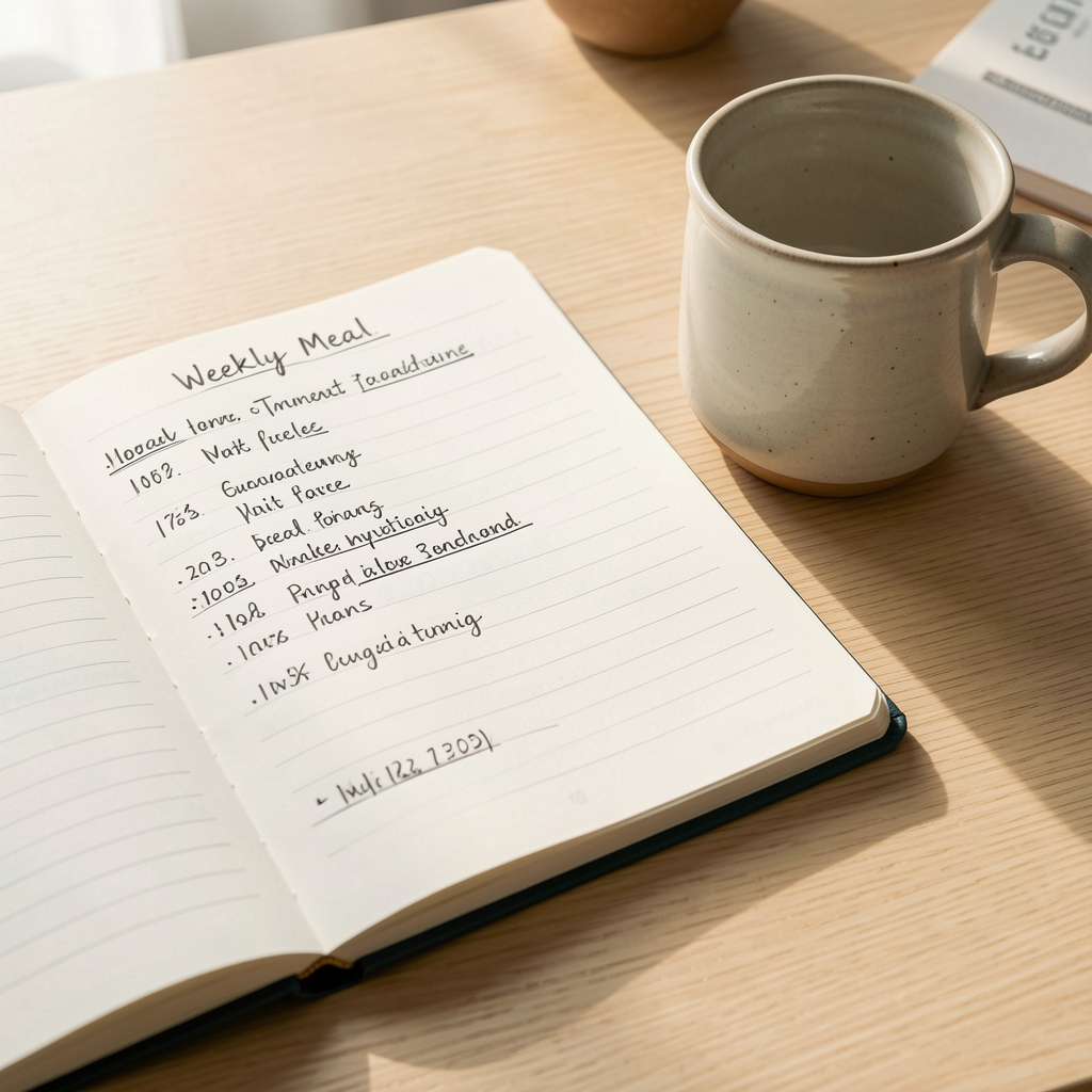 Close-up of a handwritten weekly meal plan in a notebook beside a ceramic mug of coffee on a pale oak desk in morning light