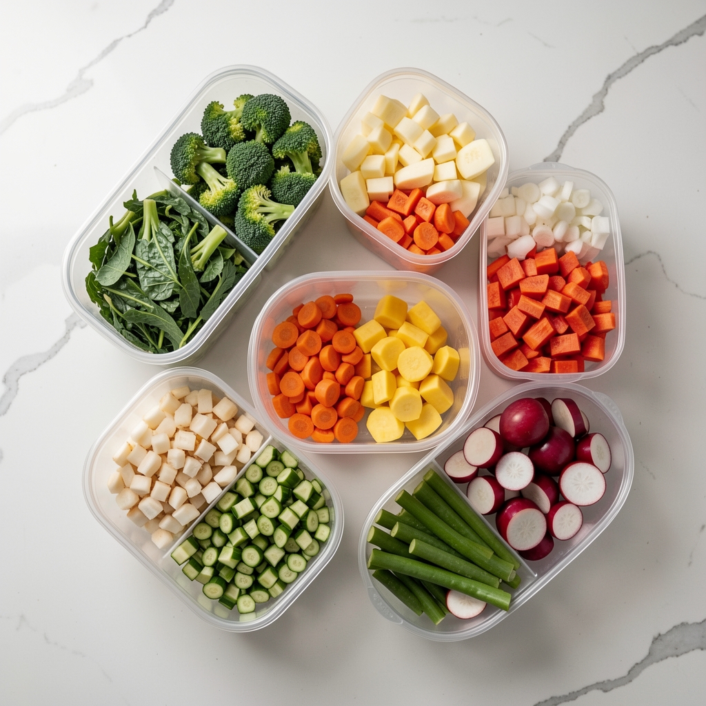 Overhead view of a weekly meal prep arrangement showing portioned containers, chopped vegetables, and legumes on a clean kitchen counter