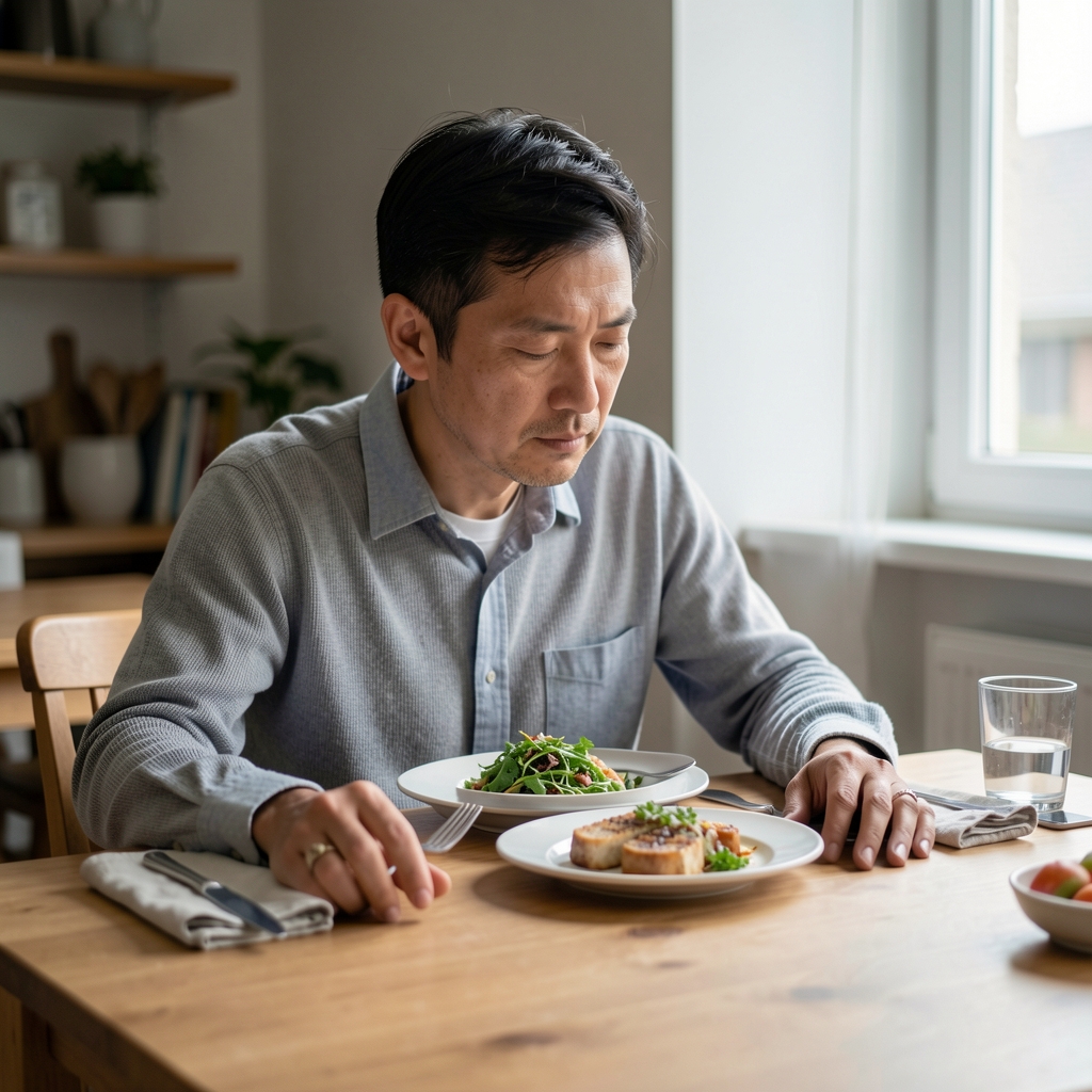Person pausing mid-meal at a simply laid table, both hands resting on the table, looking away from their plate in a quiet contemplative posture