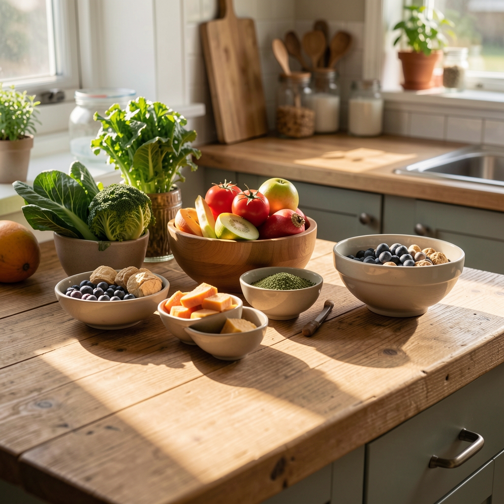 Organised kitchen worktop with whole foods, ceramic bowls, and morning light casting long shadows across wooden surfaces